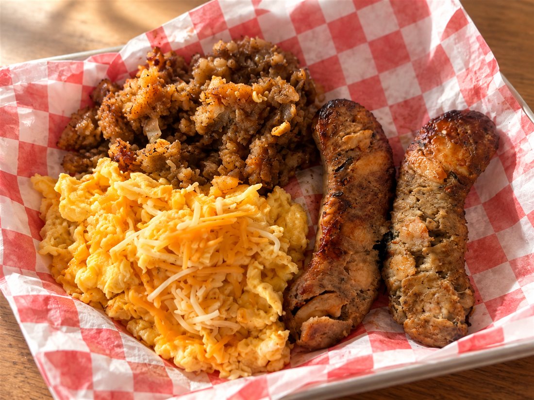 Breakfast with turkey sausage, eggs and potatoes