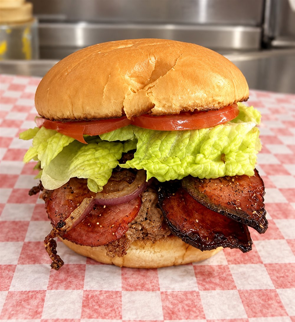 A real Cynful Taste burger with bacon and lettuce